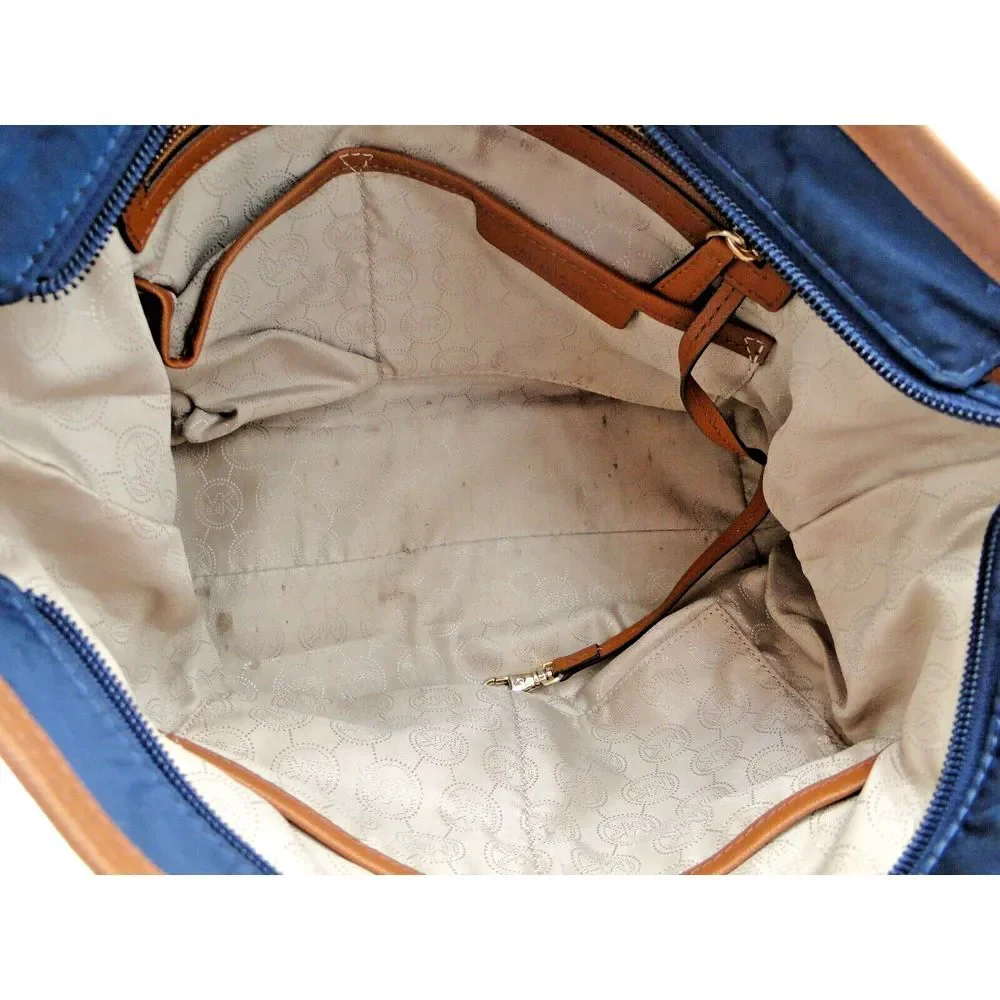 Michael Kors Kempton Nylon Satchel Tote Purse Shoulder Bag in‎ Navy and Brown